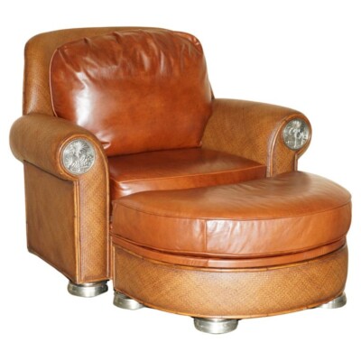THOMASVILLE SAFARI LEATHER WOVEN ARMCHAIR