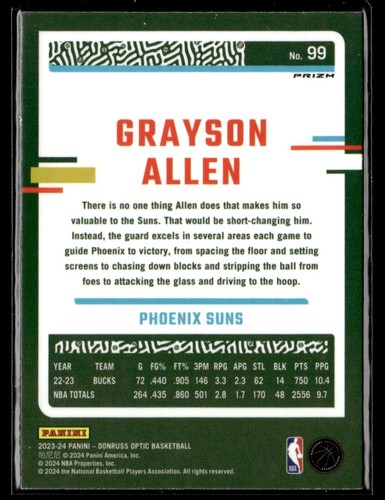 2023-24 Donruss Optic Green Shock Grayson Allen Phoenix Suns #99 - Picture 2 of 2