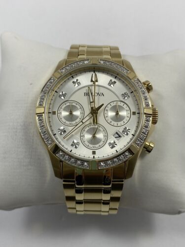 Bulova Classic Diamonds Chronograph Quartz Gold Tone Steel Men's Watch 98E113 - Picture 2 of 16