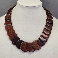 Wood Beaded Necklace Costa Rica Round Discs Exotic Ironwood Overlap Artisan 21"