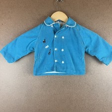VTG 60s Sanforized Corduroy Children's Jacket Embroidered Zoo Animals Teal Blue