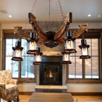 Kitchen Island Chandelier Rustic Wood Pendant Lamp 6-Light Hanging Ceiling Light