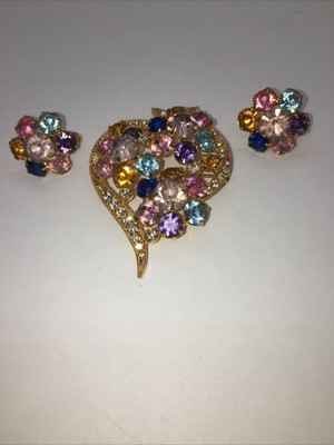 Eisenberg Multi Color Heart Shaped Brooch and Earrings Set Signed 