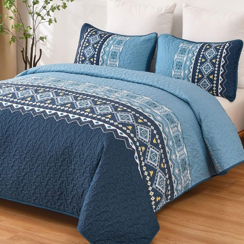 WONGS BEDDING Blue Quilt Set Queen,Boho 3 Pieces Bedspread Coverlet Set