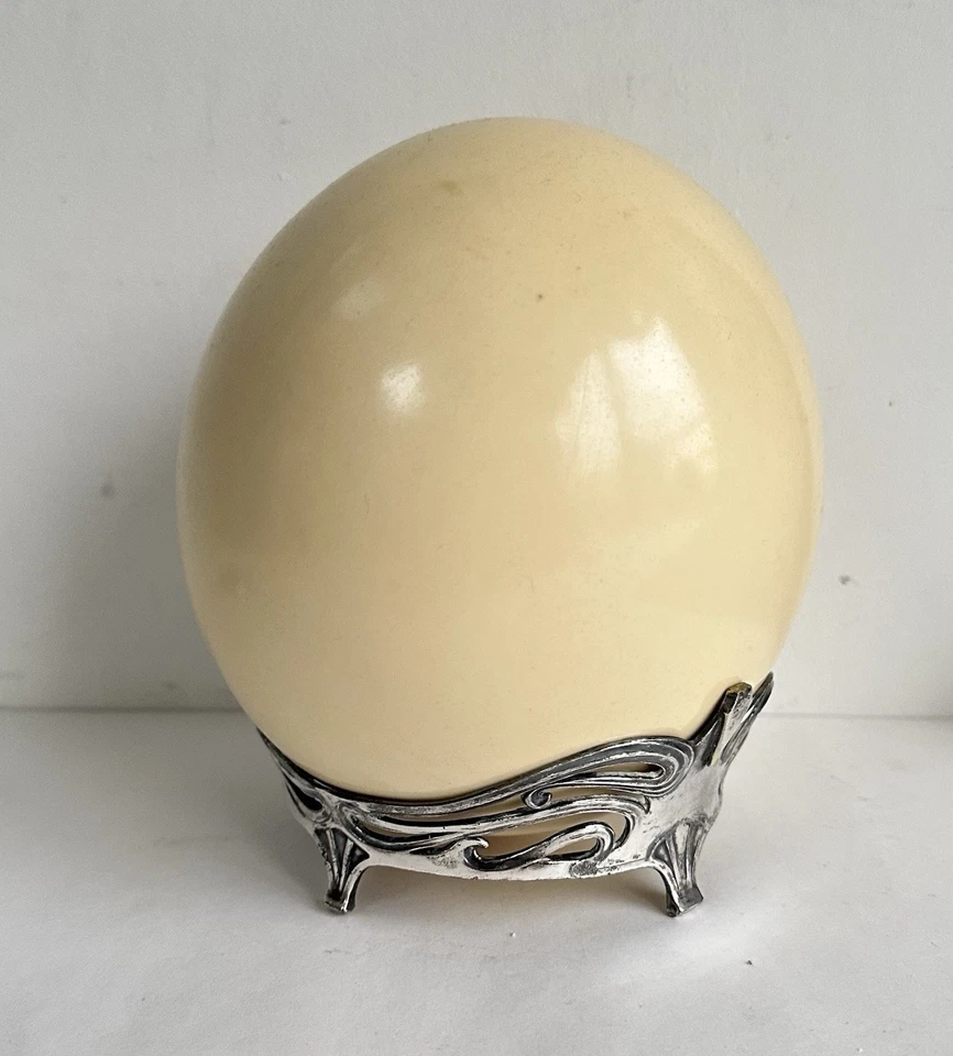Ancien œuf autruche avec support socle WMF art nouveau Jugendstil métal argenté - Photo 4/4