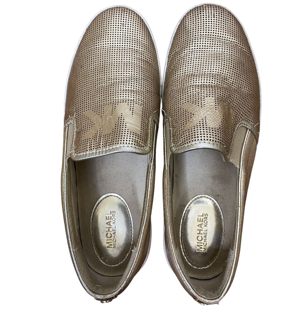 Michael Kors Womens 6.5 Gold Leather Slip On Sneakers Perforated MK Logo thumbnail 5