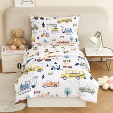 4-Piece Toddler Bedding Set for Boys Construction Car Printed Vehicles Toddle...