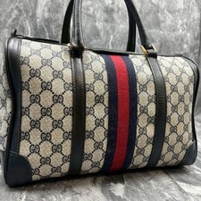 GUCCI GG Sherry Line Boston Bag Navy Beige Leather Gold Hardware Logo From Japan