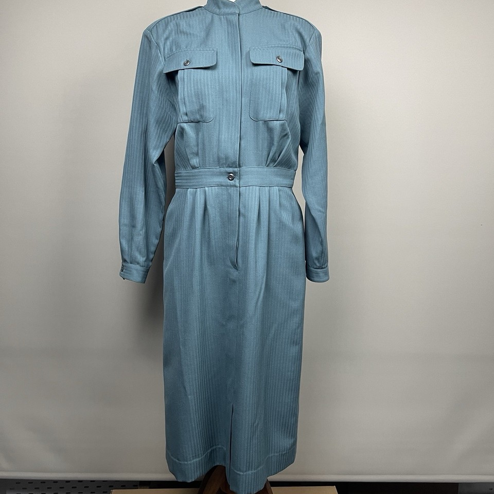 Vintage Fletcher Jones Maxi Shirt Dress Women Size 12 Green Wool Blend Pads