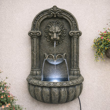 Solar & Mains Power LED Lit Wall Mounted Lion Water Feature Outdoor Fountain