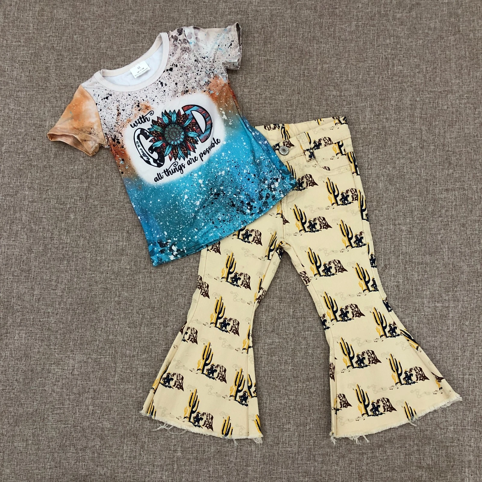 Western Baby Girls Short Sleeve Top With Denim Flared Jeans Casual Outfit