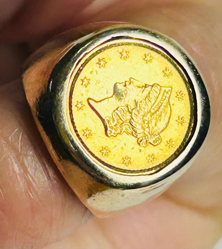 14K Gold Pinky Ring with 1854 $1 Gold Coin  11.698 Grams Size 4.5 Hallmarked