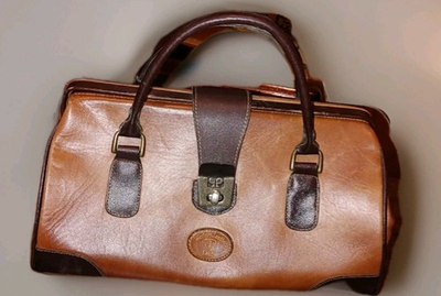 #ad Vintage Landy Western Leather Doctor Style Handbag Satchel Brown Two Tone $129.99