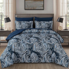 Navy Paisley Comforter Set Queen Size 7 Piece Bed in a Bag Boho Paisley Pattern