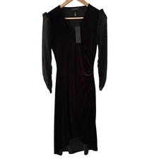 H by Halston Black Velvet V-Neck Midi Wrap Dress w/ Sheer Sleeves Size XS NWT