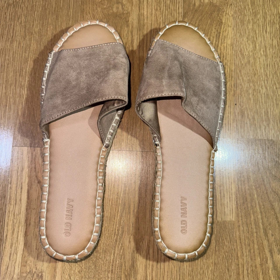 Antigua alpargata azul marino plana para mujer 10 imitación gamuza punta abierta mulas sin cordones playa Foto 3 de 4