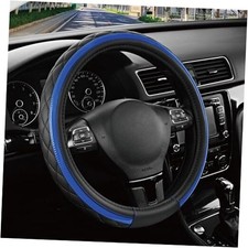 Leather Steering Wheel Cover   Black  Universal Fit 14.5-15 Inch, Blue