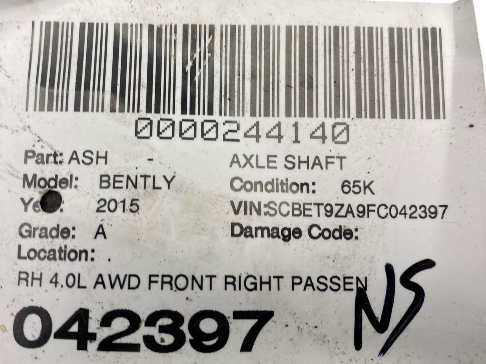 2013-2019 BENTLEY FLYING SPUR 4W 223B 4.0L AWD FRONT RIGHT CV AXLE SHAFT *65K*