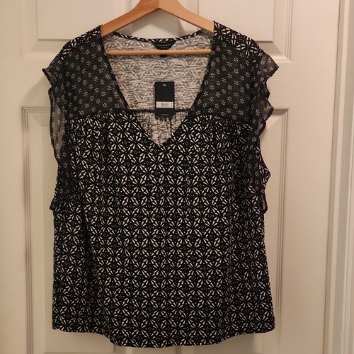 Lucky Brand Women's Plus Size 2X Sleeveless Ruffle Blouse Navy White Geometric