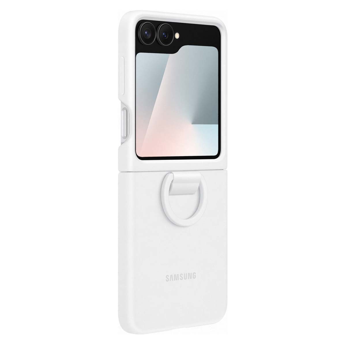 Coque Galaxy Z Flip 6 blanche haut de gamme en silicone texturé avec anneau