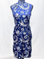 Vintage Chinese Qipao Dress Blue Silver Floral Cheongsam Medium