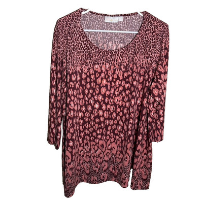 Belle Kim Gravel Blouse Women's 1X Round Neck Pink Cheetah 3/4 Sleeve Top