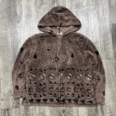 Vintage All Over Leaf Leaves Print Fall Autumn Fleece Jacket Brown Women s S