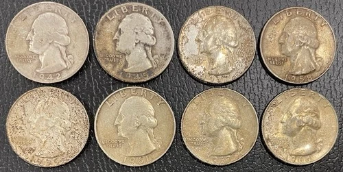 Washington Quarter Lot of 8 Circulated 50C 90% Ag 42S 45 57D 58D 59D 61D 62D 64D