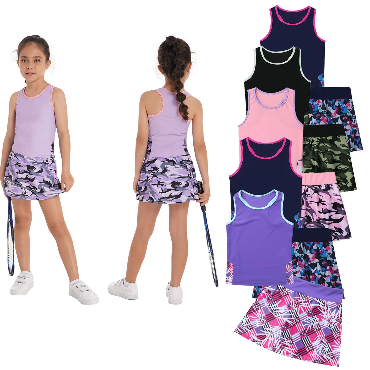 Kids Girls Outfits with Skirts Set Sleeveless Sports Dress Uniform
