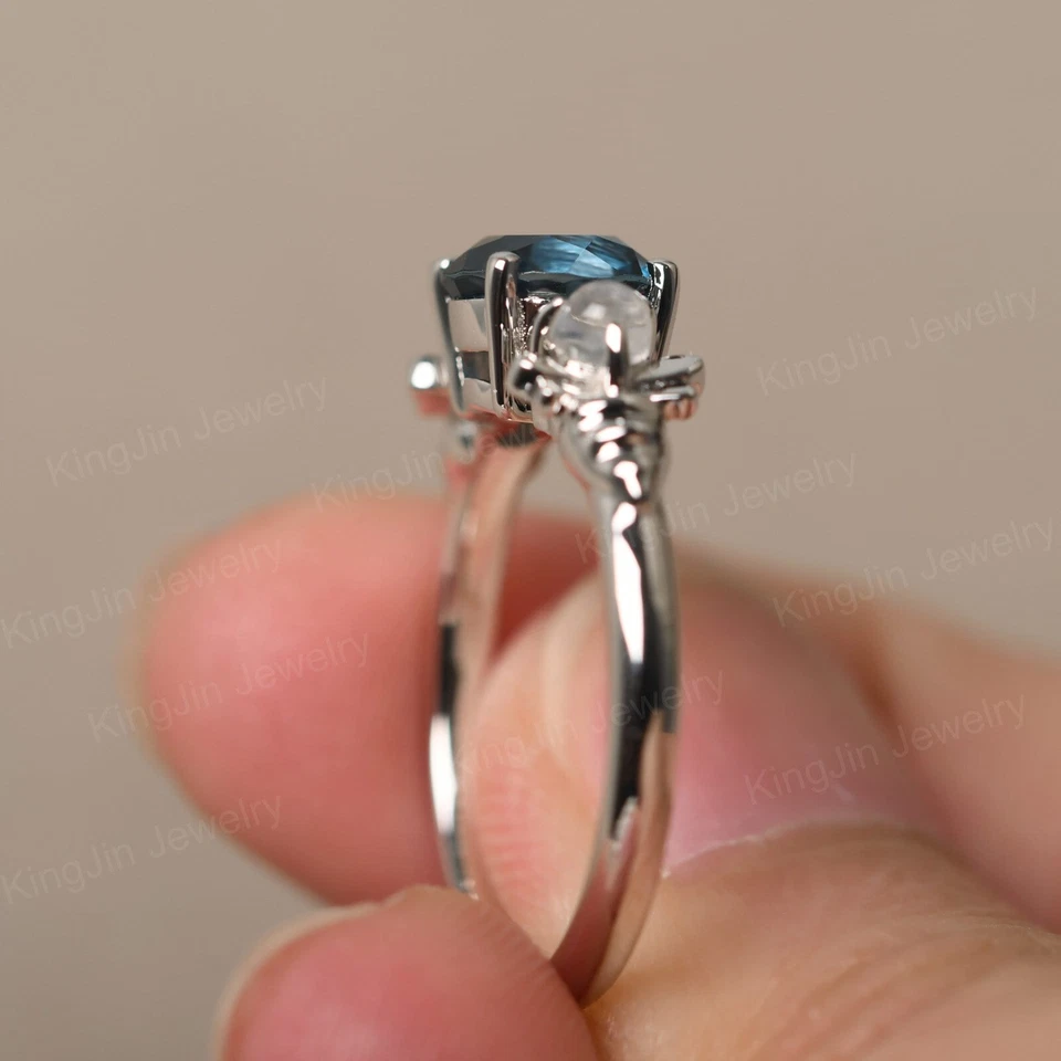 Anillo Topacio Azul Londres y Piedra Lunar Corte Redondo 3 Piedras Anillo Madre Anillo Plata Foto 3 de 4