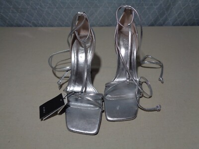 NEW ZARA Silver Metallic Heeled Strappy Sandals, EUR 42/USA