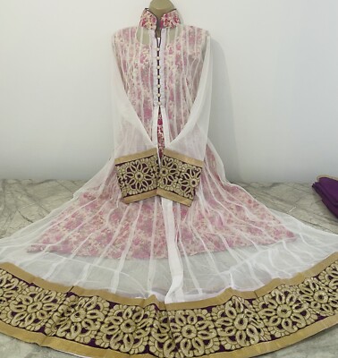 Anarkali Readymade Damen indisches pakistanisches langes lila & weißes Kleid Gr. 44 XL
