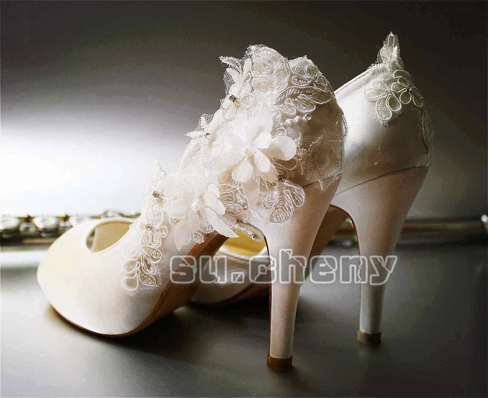 su.cheny 3 «4» каблуки свет слоновой кости атласное кружево открытый заглянуть носок свадебные туфли - Изображение 4 из 4