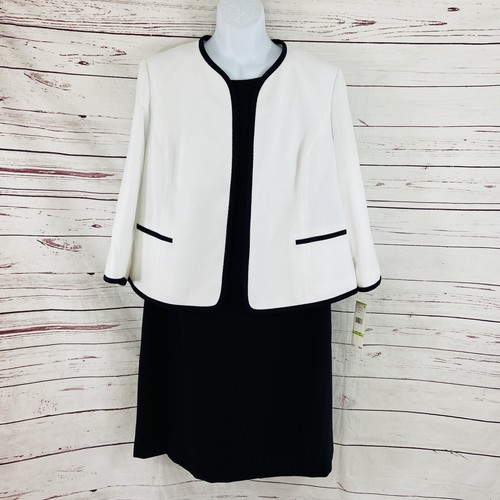 Le Suit 2PC Dress Suit Women’s Sz 18W Black White Blazer Open Long Sleeves Twill