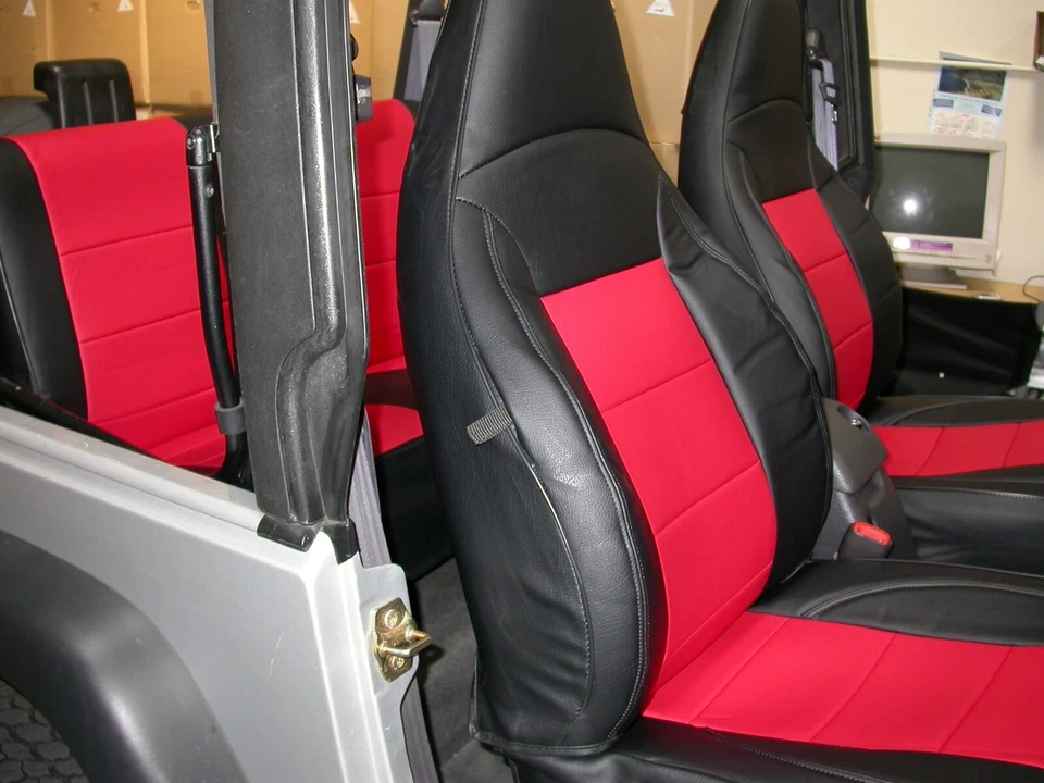 PARA JEEP WRANGLER TJ SAHARA S 1997-02 FUNDAS DE ASIENTO DE CUERO AJUSTE PERSONALIZADO NEGRO/ROJO Foto 2 de 4