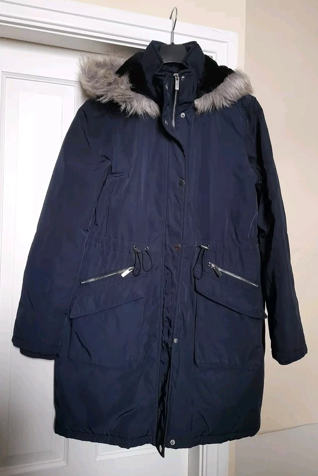 OASIS Navy Blue Hooded Fur Lined Parka Coat S UK 10 VGC - Image 2 of 4