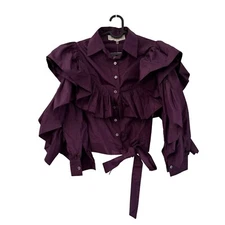 La Fuori Eggplant Silk Ruffle Puff Sleeve Waist Tie Button Blouse Small NEW