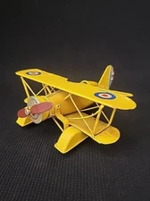 VINTAGE STYLE Yellow Metal Bi-Wing Airplane FIGURINE TOY Single Engine AIRCRAFT 