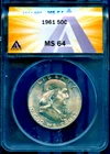 1961 50c Silver Ben Franklin Half-dollar MS 64 ANACS # 7880499 + Bonus