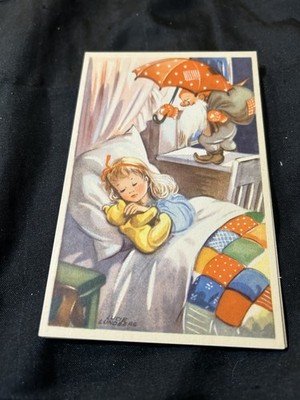 Vintage Postcard God Jul Elf Gnome Sweeden Christmas Girl in Bed Teddy Bear