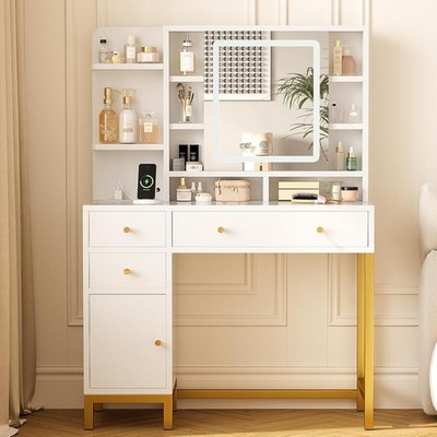 Large Vanity Desk with Mirror Lights Makeup Dressing Table with Charging Station
