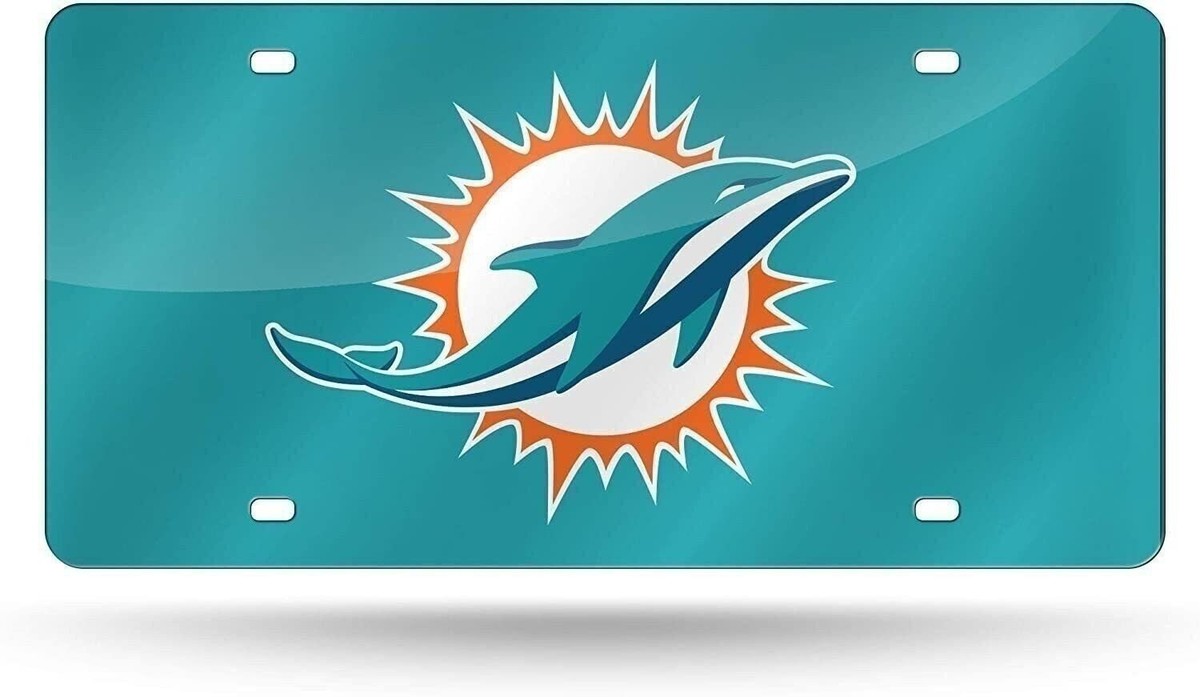Miami Dolphins Premium Laser Cut Tag License Plate, Aqua Mirrored