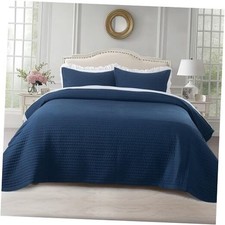 Quilt Set 112"x106"   Soft Washed 3-Layer Oversized King Dress Dark Blue