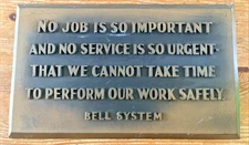 Bell System Safety Sign Vintage Bronze Look Telephone Company Work Safe Safely