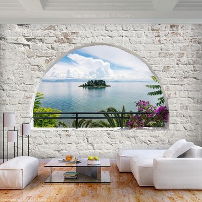 Steinwand Strand Meer Fenster VLIES FOTOTAPETE 3D WOHNZIMMER TAPETE WANDBILD XXL