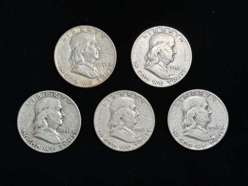 5 Lot - 1951 P Franklin Half Dollars - Circulated - 90% Silver 50 Cent Pieces