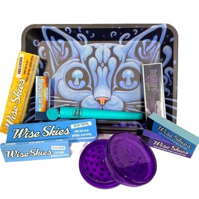 Wise Skies blau und lila Trippy Kitty Rolling Tray Set Geschenk Rauchen Erwachsene