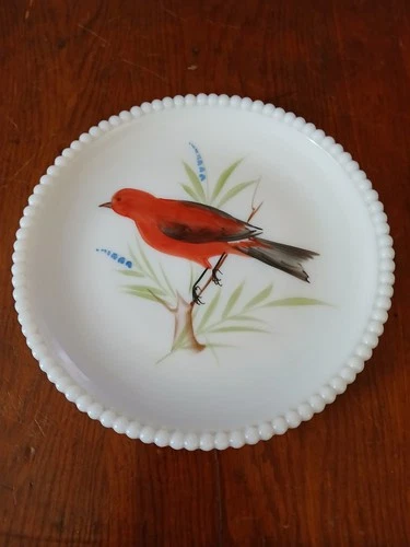 Vintage Hand Painted Bird Milk Glass 7.5" Beaded Plate.
