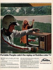 1968 Toshiba Color TV: Portable People Catch the Replay Vintage Print Ad
