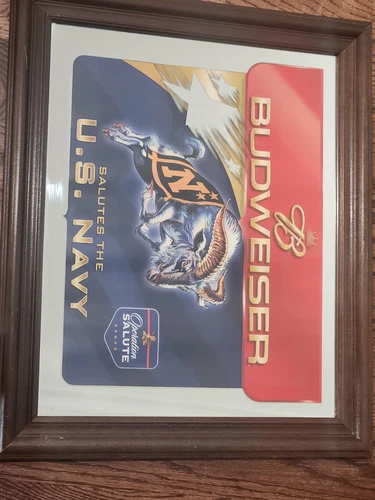 Vintage 24 X 20 Mirror Sign- Budweiser Salutes U.S. Navy Framed Beer